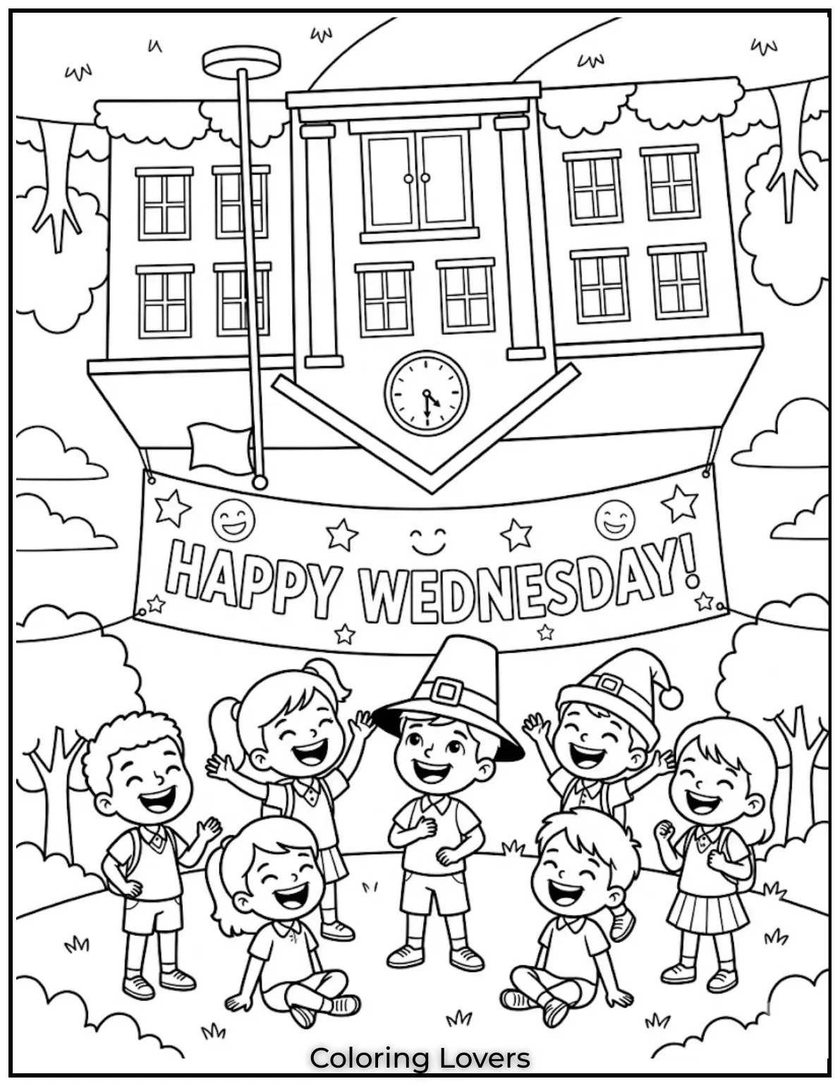 An upside down school scene makes this Wednesday coloring page exciting, funny, and highly engaging.