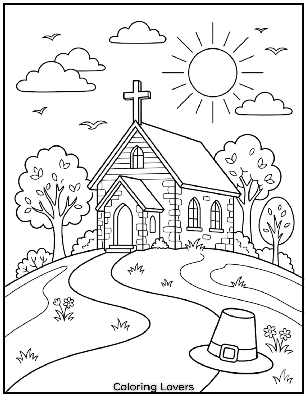 Simple church scene with cross on hill, glowing sun, peaceful sky, clean bold outlines, coloring page
