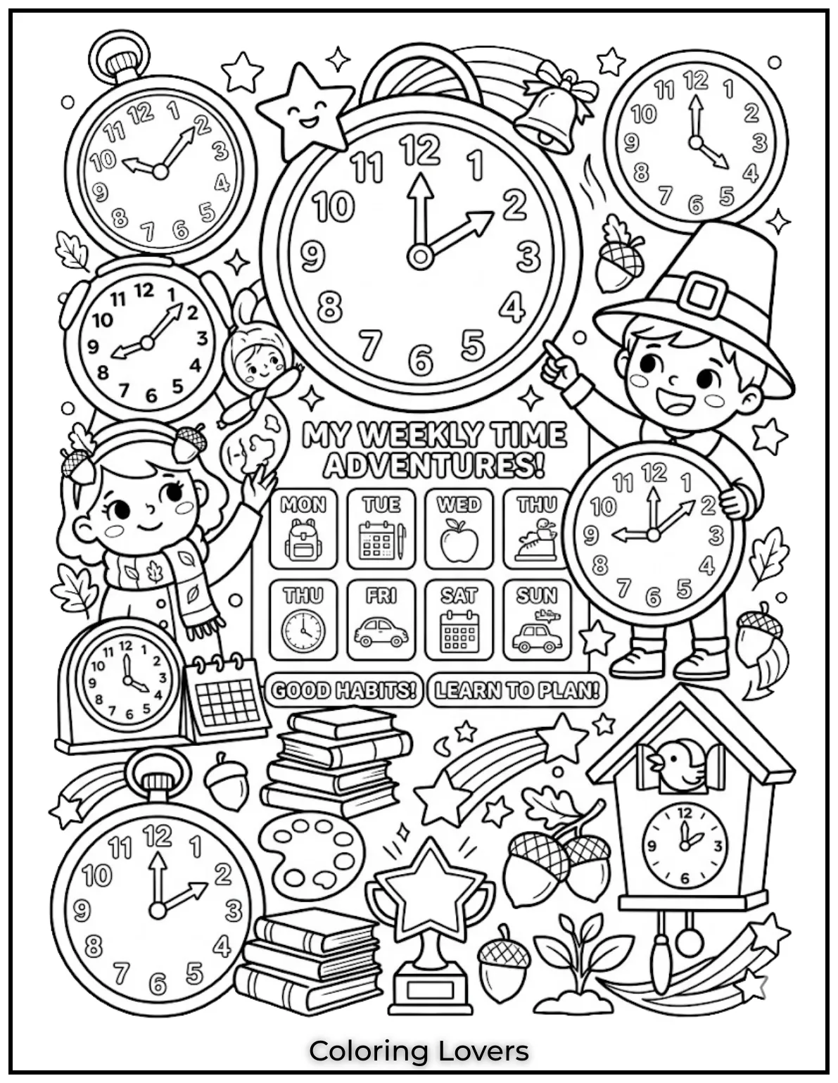 Simple clocks and schedules teach kids how to manage time while enjoying creative coloring activities.
