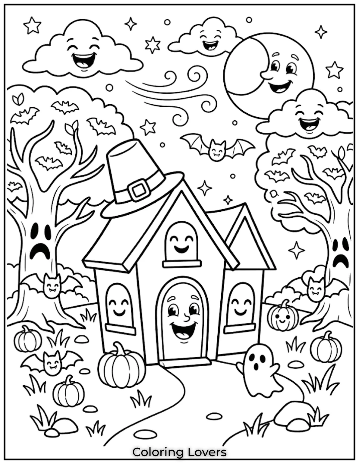 Small cartoon haunted house, smiling windows, fun not scary, bold lines