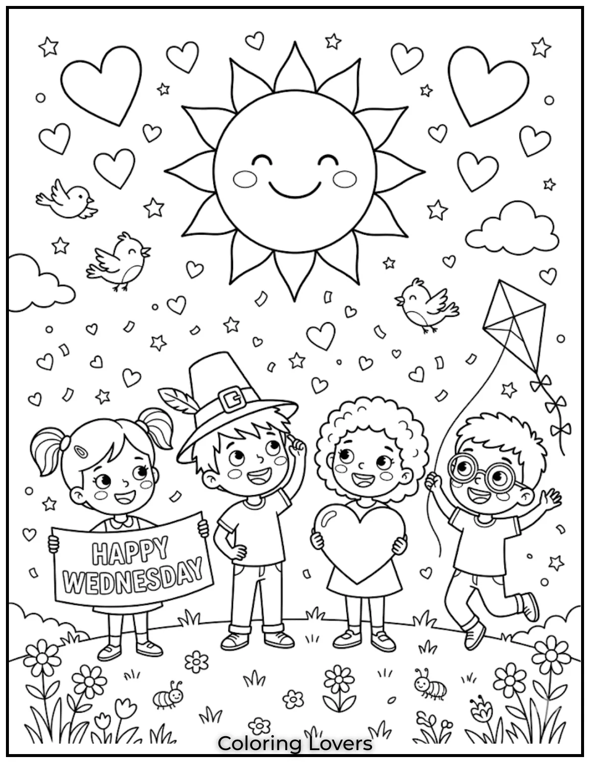 A cheerful Wednesday coloring page filled with positivity helps improve mood and creative thinking skills.