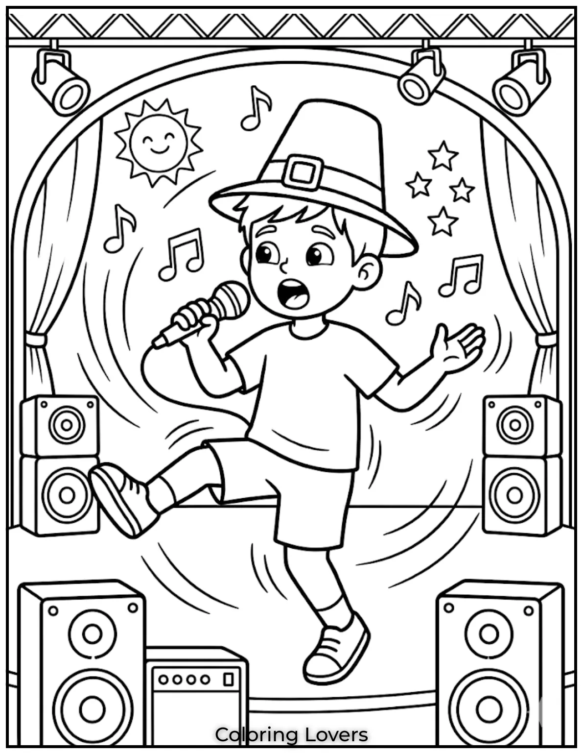 Stage with lights and speakers, simple shapes, music vibe, black and white outline