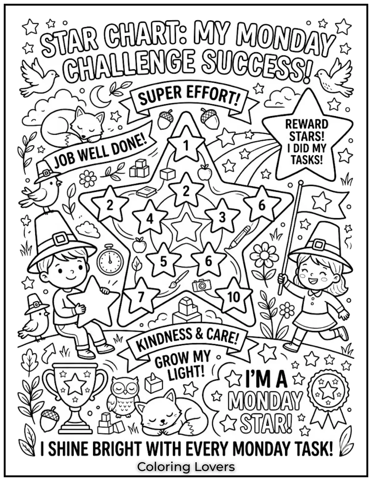 Star-themed pages reward effort, helping kids feel proud and excited about completing Monday ta
