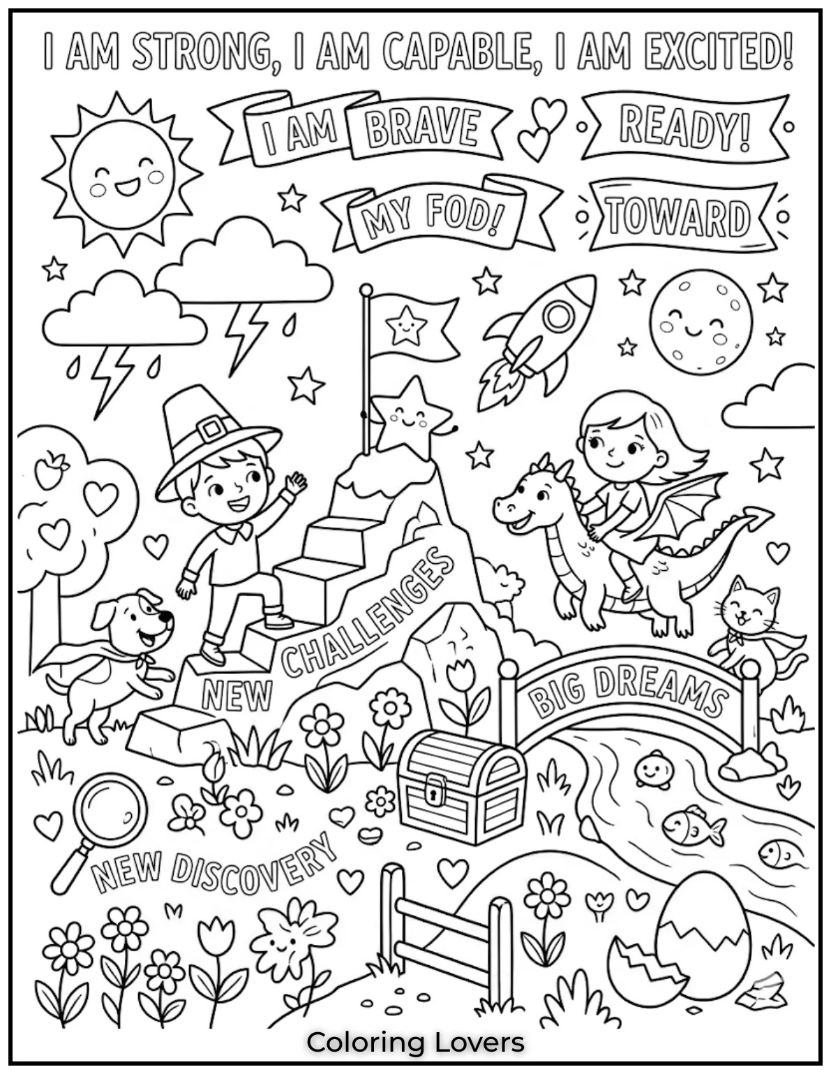 Strong words and happy visuals help children feel brave, capable, and excited about new challenges.
