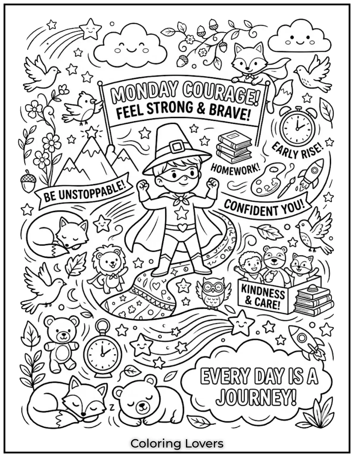 Superhero-style pages encourage courage, helping kids feel strong and confident to face Monday challenges.
