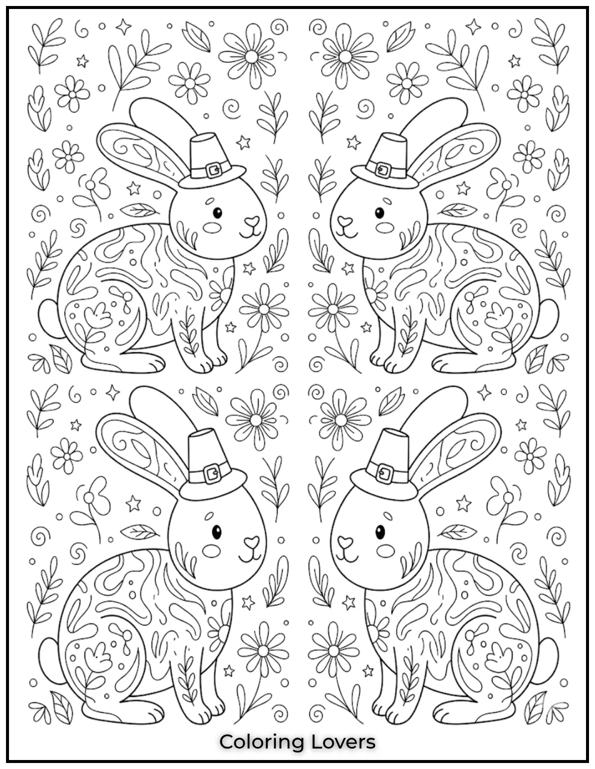 This abstract rabbit coloring page features two symmetrical rabbits facing each other