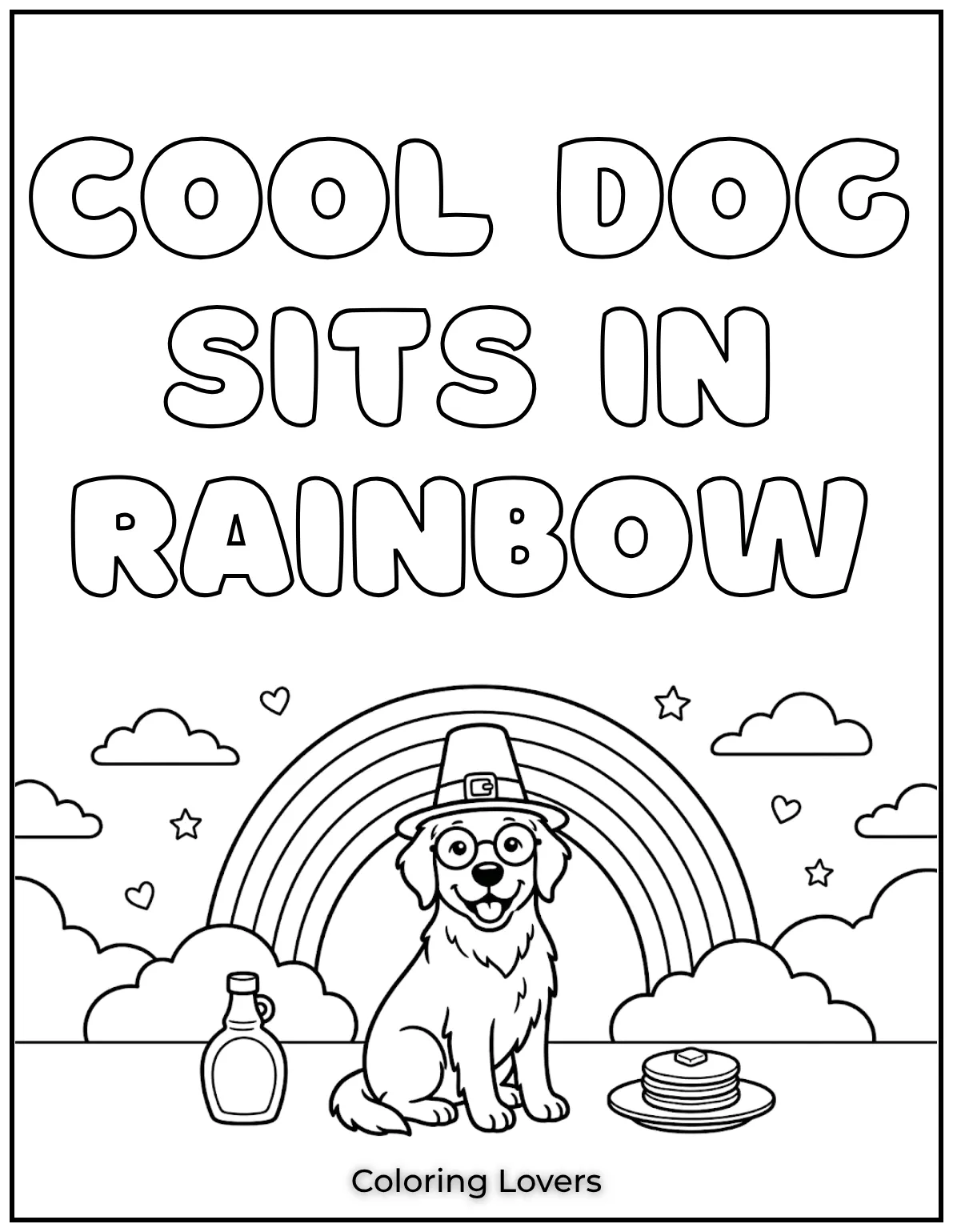 This cool dog with round glasses is sitting under a beautiful rainbow