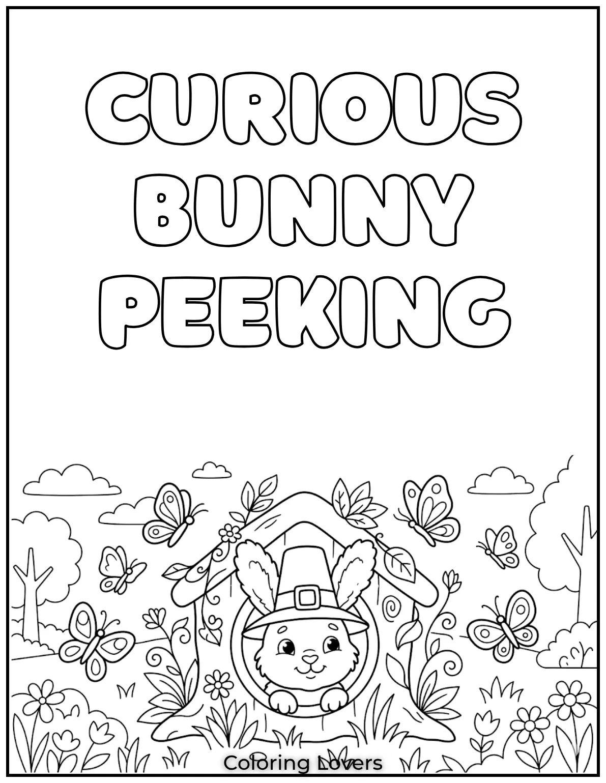 This curious bunny is peeking out of its little home, with butterflies flying by