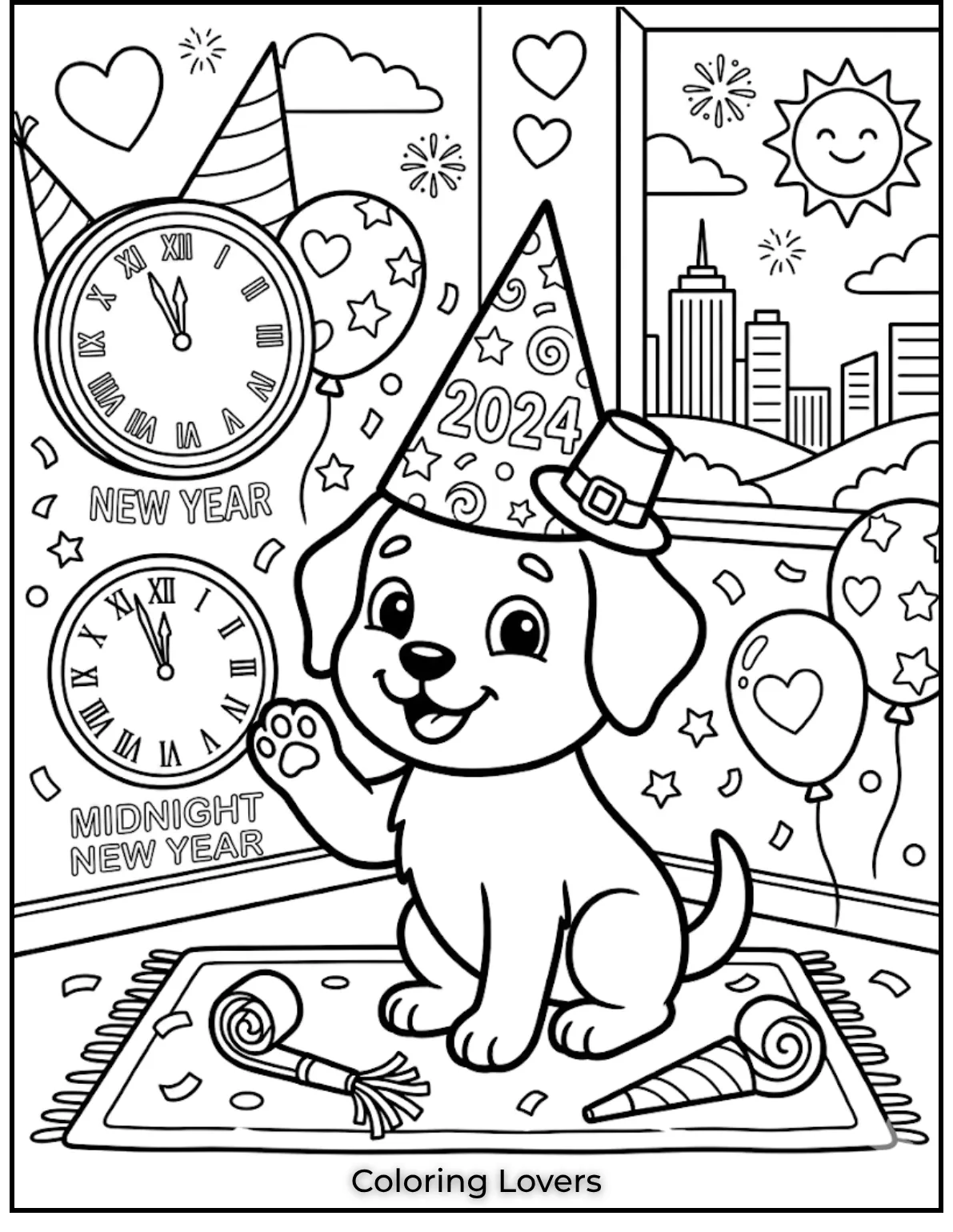 This festive dog in a party hat celebrates the New Year with confetti and cheer. 