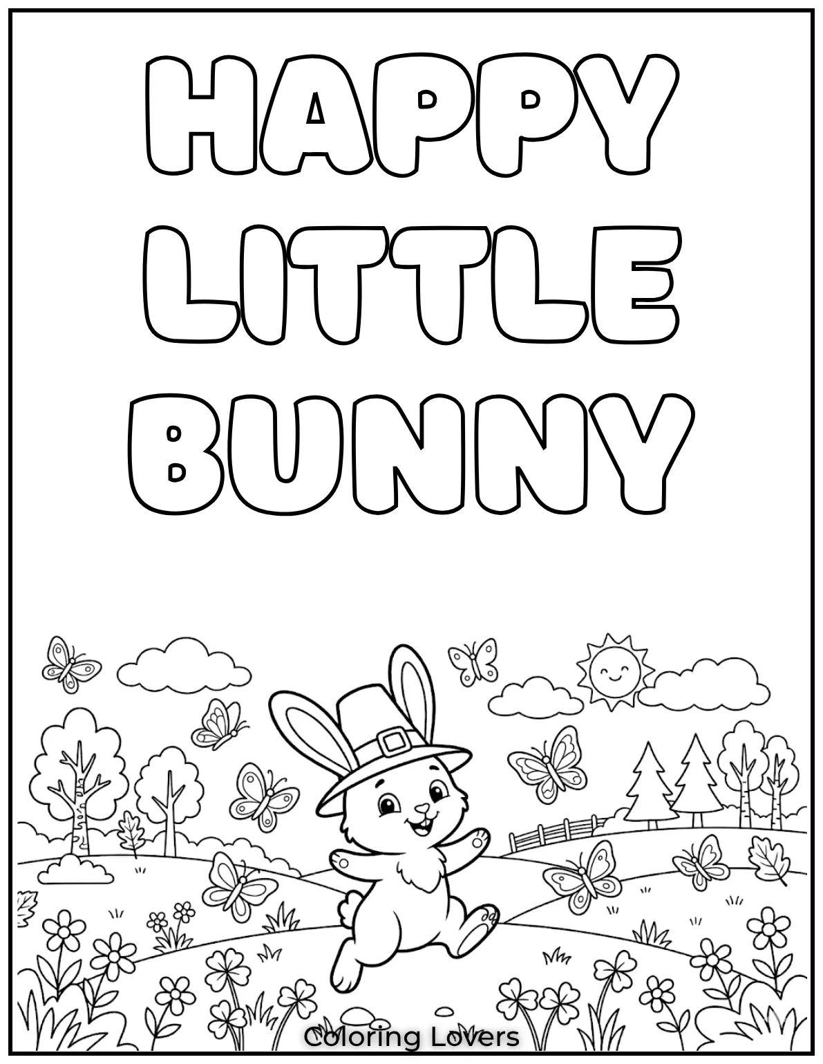 This happy little bunny is jumping through a meadow, with butterflies fluttering around