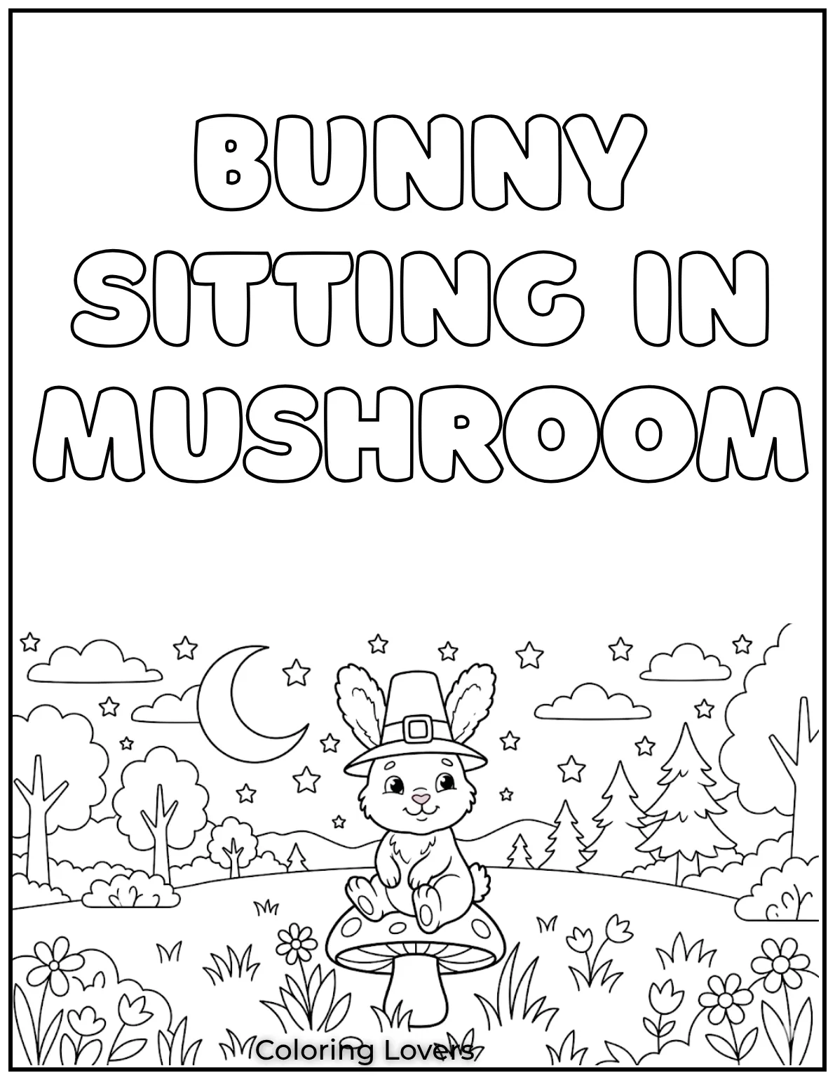 This little bunny coloring page captures a magical moment under the stars, as the bunny sits peacefully on a mushroom.