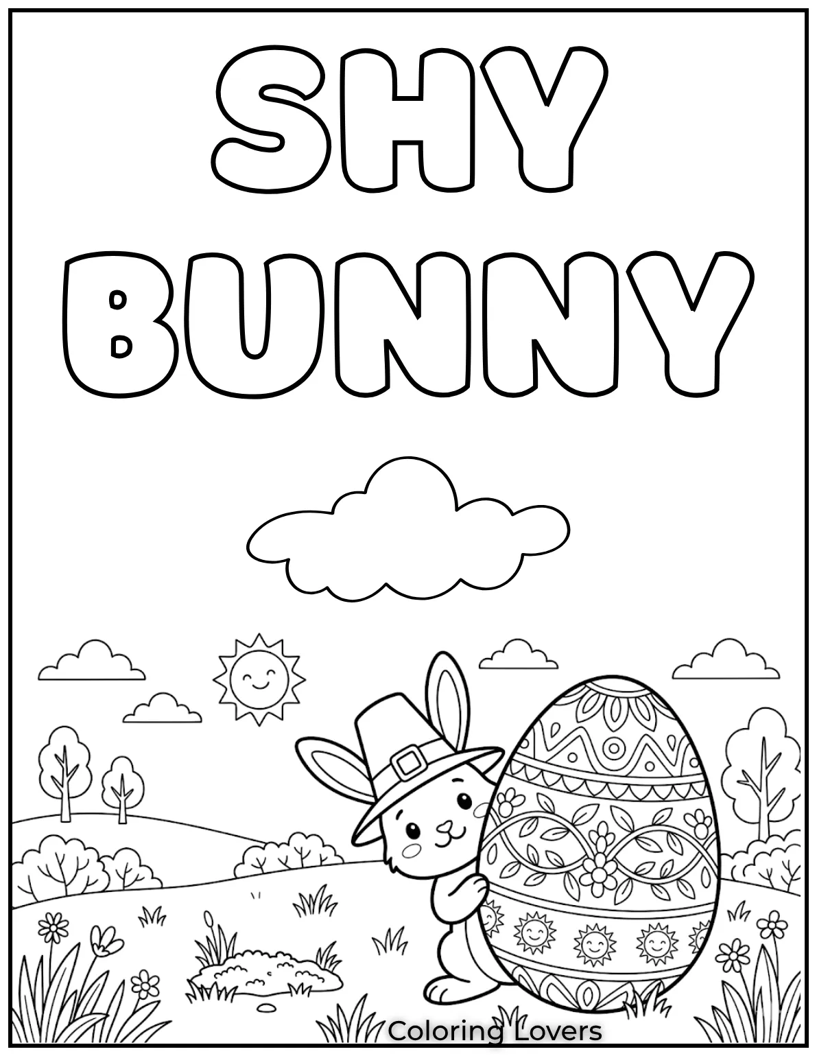 This shy little bunny peeking from behind an Easter egg is such a cute scene to color.