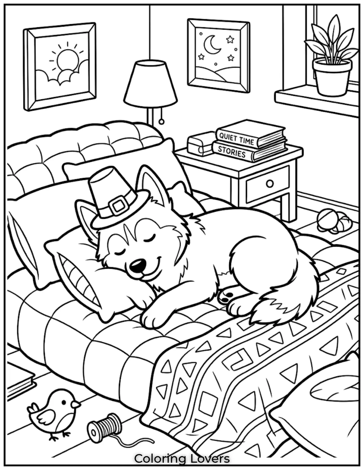 This sweet, fluffy dog is lounging on a comfy bed enjoying the quiet moment.