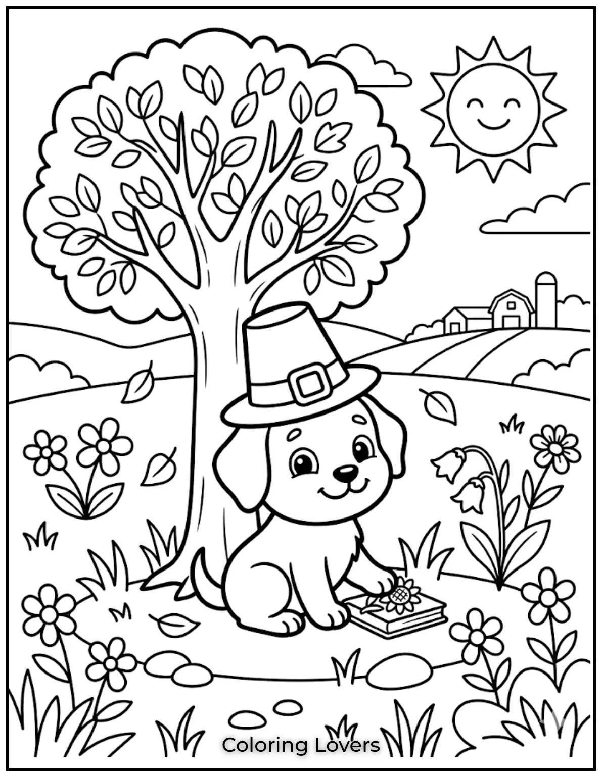 This sweet pup relaxes under a tall tree, enjoying a peaceful moment outdoors