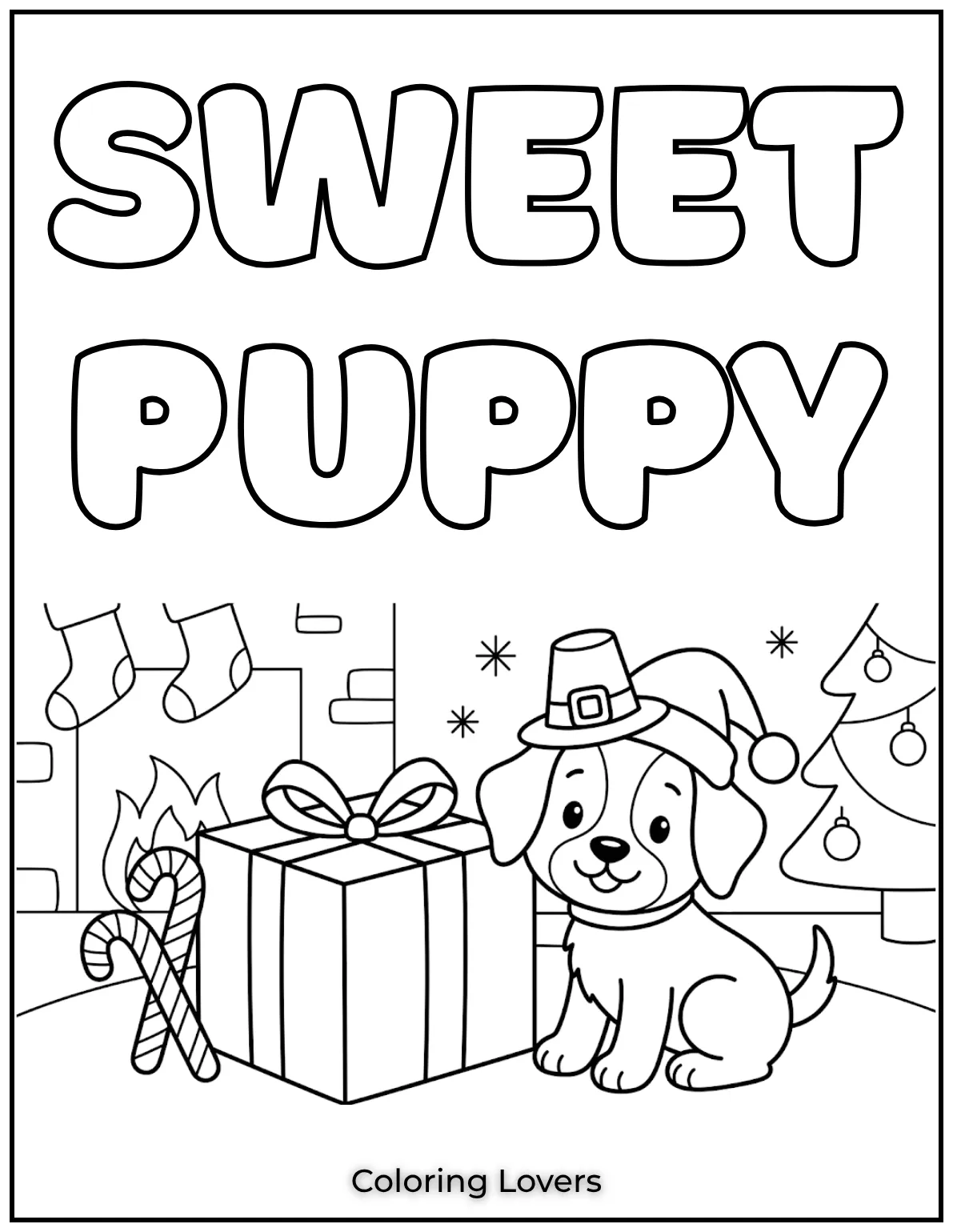 This sweet puppy with a Santa hat sits beside a wrapped gift and candy canes