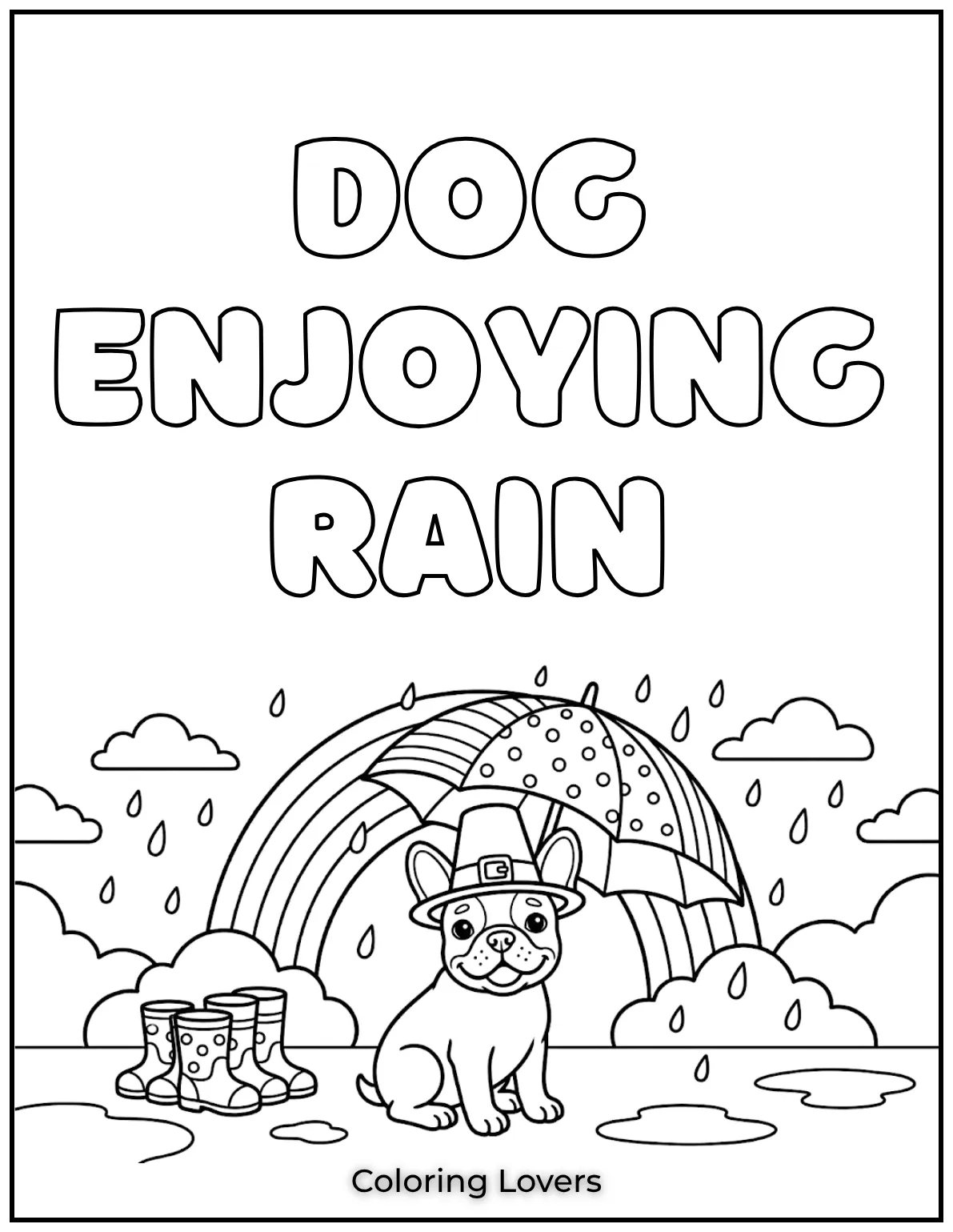 Under a big umbrella, this adorable pup waits for the rain to pass.