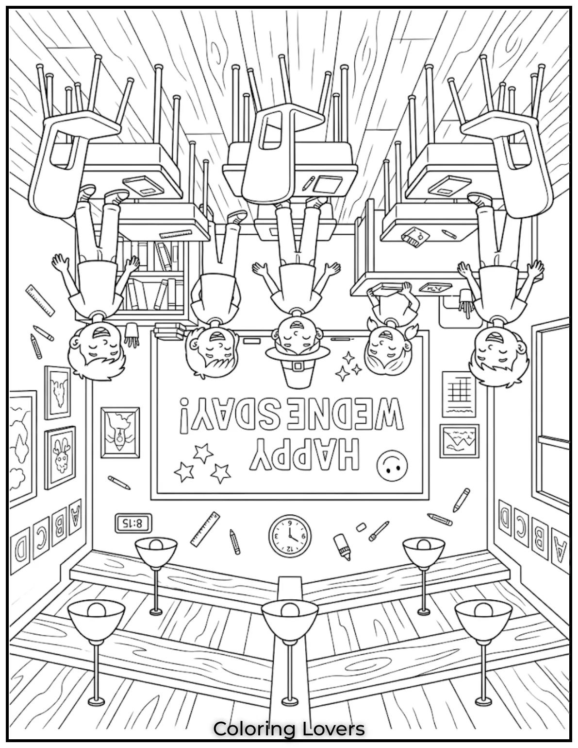 This Wednesday coloring page shows an upside down classroom, making kids laugh while coloring creatively.