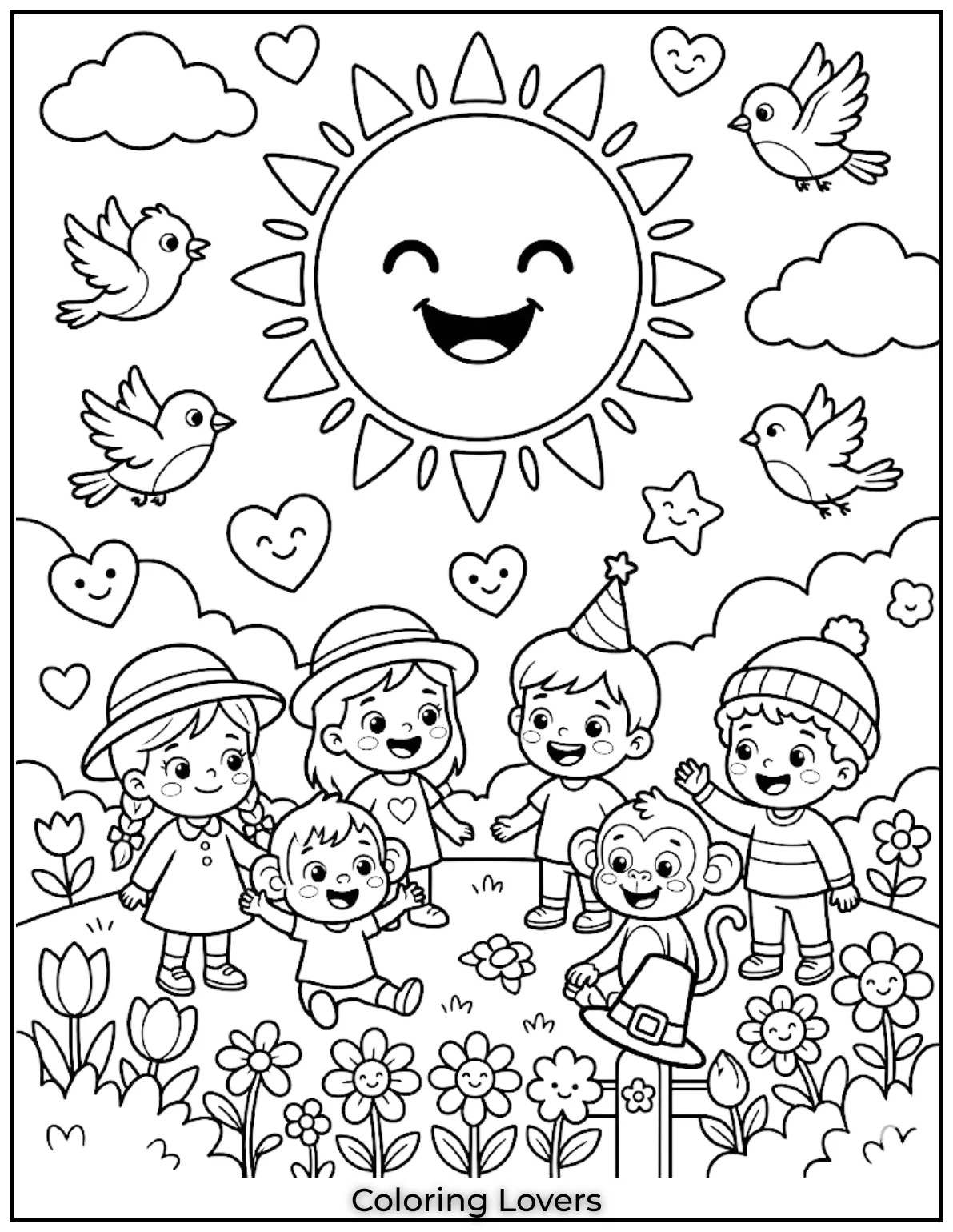 big smiling sun fluffy clouds birds flying flowers blooming outdoor happy scene simple cartoon outline black and white coloring page