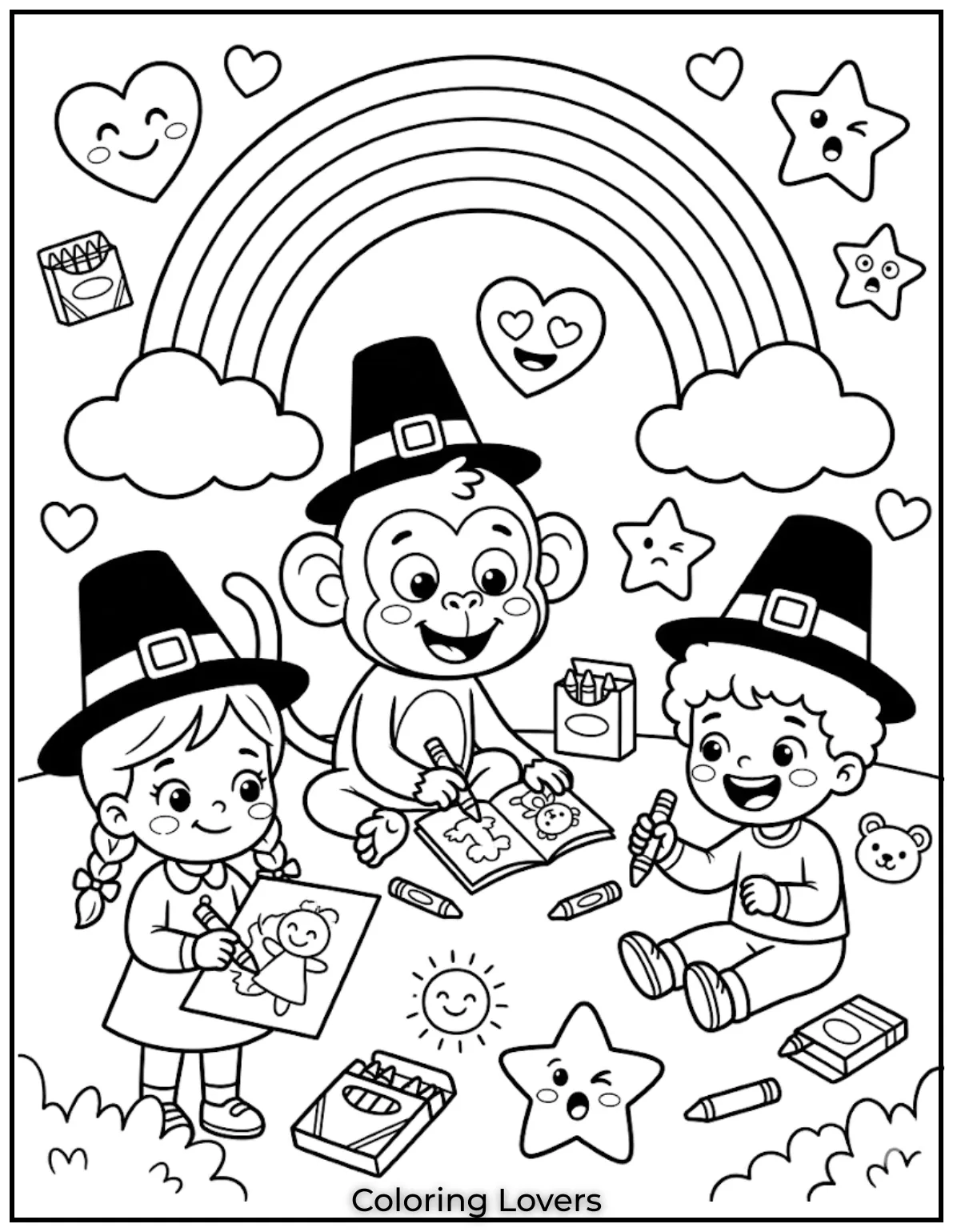child coloring rainbow hearts and stars around different facial expressions emotional theme cute doodle style clean lines coloring page