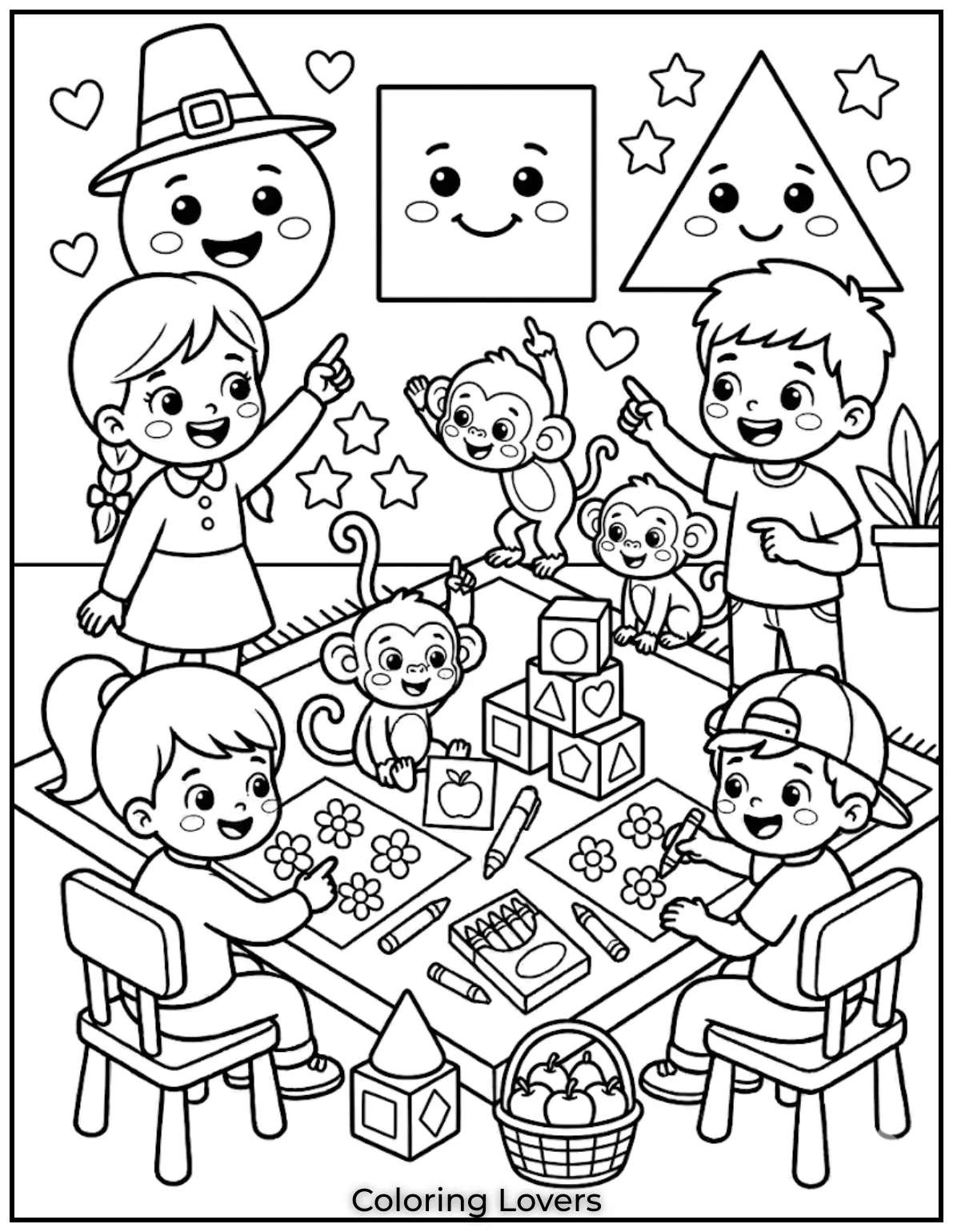 circle square triangle with cute faces playful educational design clean lines simple coloring page for kids