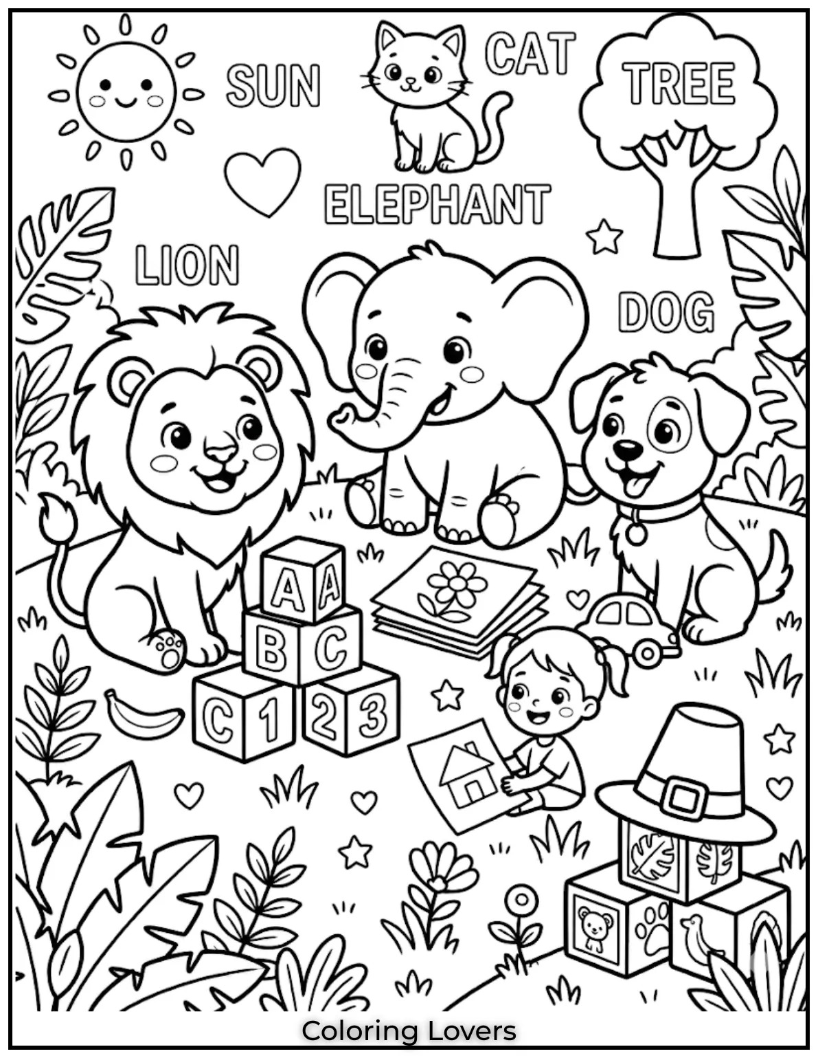 easy words like sun cat tree with matching drawings clean layout kid friendly learning coloring page