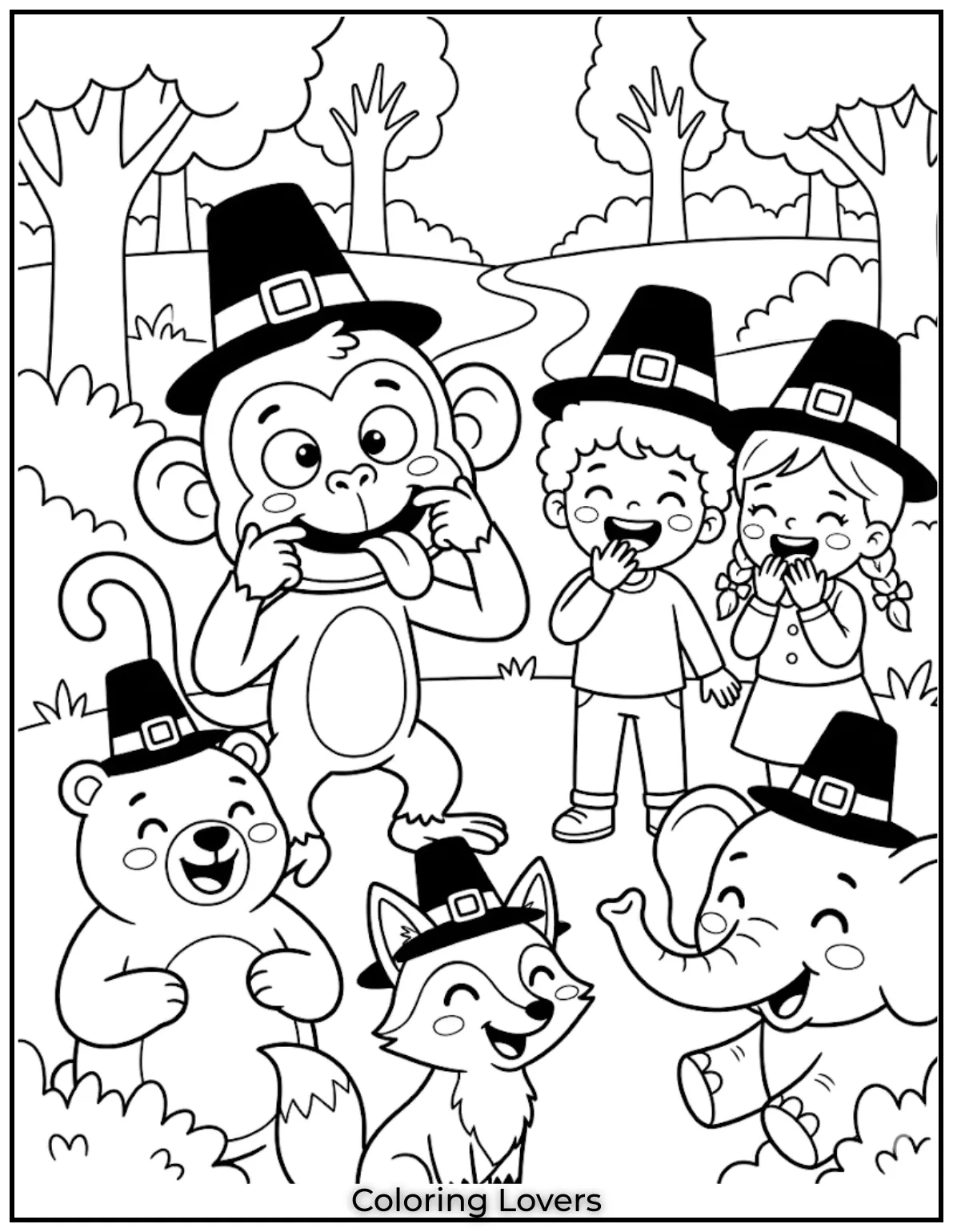 funny cartoon animals laughing monkey making silly faces kids giggling together playful scene simple line art bold outlines coloring page no color