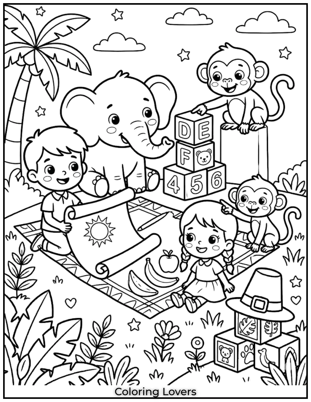 group of cute cartoon kids and animals smiling faces playful scene simple outline coloring page