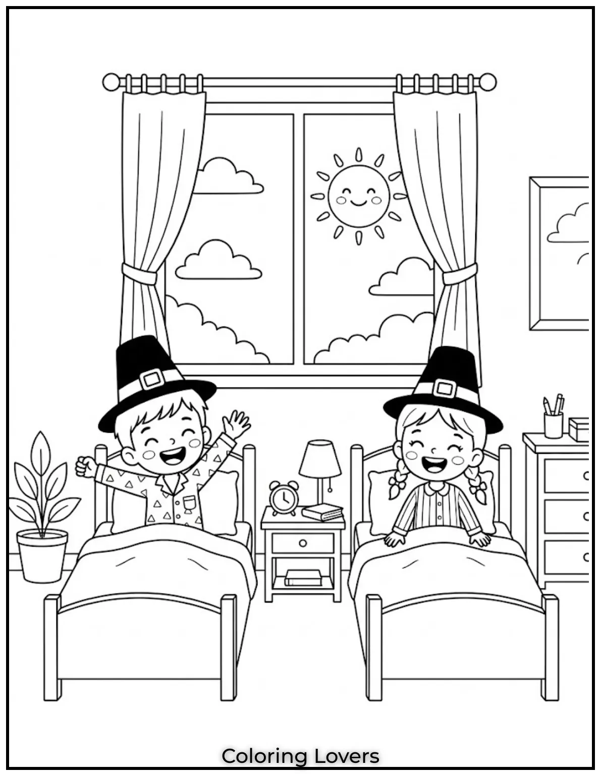 happy kids waking up in bedroom sunlight through window smiling sun outside cheerful mood simple cartoon style bold outlines black and white coloring page no shading