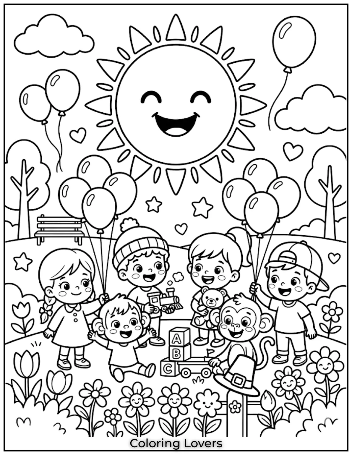 kids playing with balloons and toys simple happy life moments cute characters minimal background clean bold lines coloring page