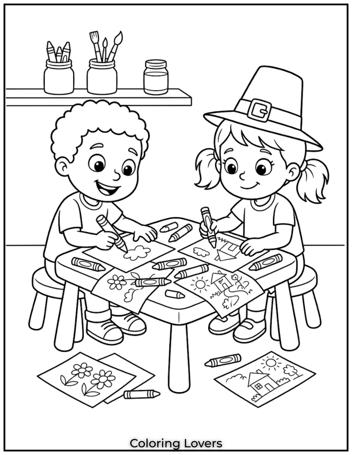 kids sitting at art table, crayons scattered, drawing papers