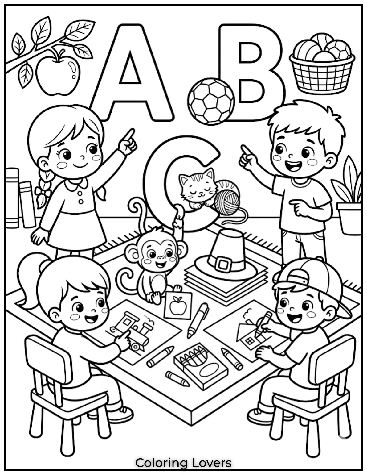 large alphabet letters A B C apple ball cat illustrations educational theme simple cartoon style bold outlines coloring page