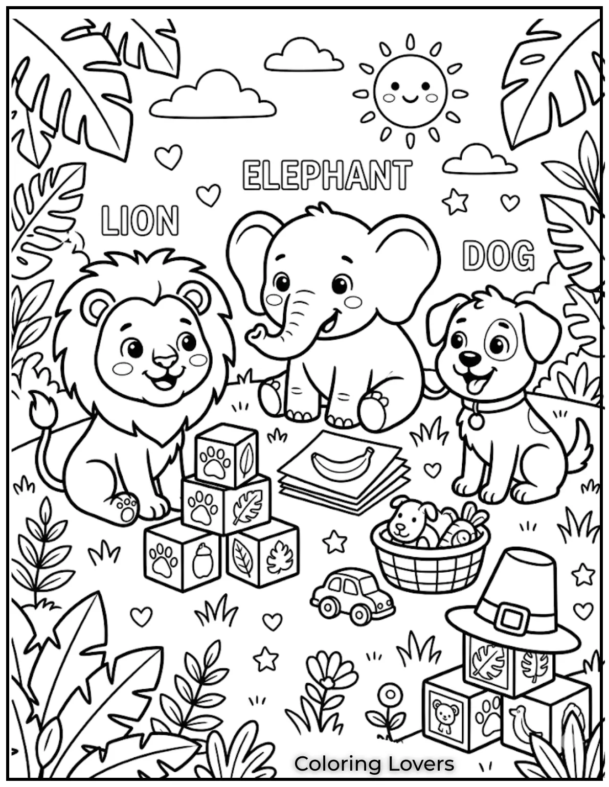lion elephant dog with labels jungle theme simple cartoon animals bold outlines black and white coloring page