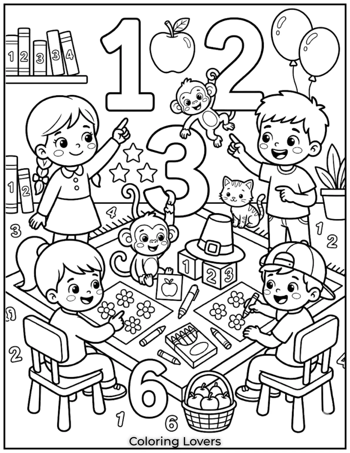numbers with objects counting apples balloons stars kid friendly math theme simple line art black and white coloring page