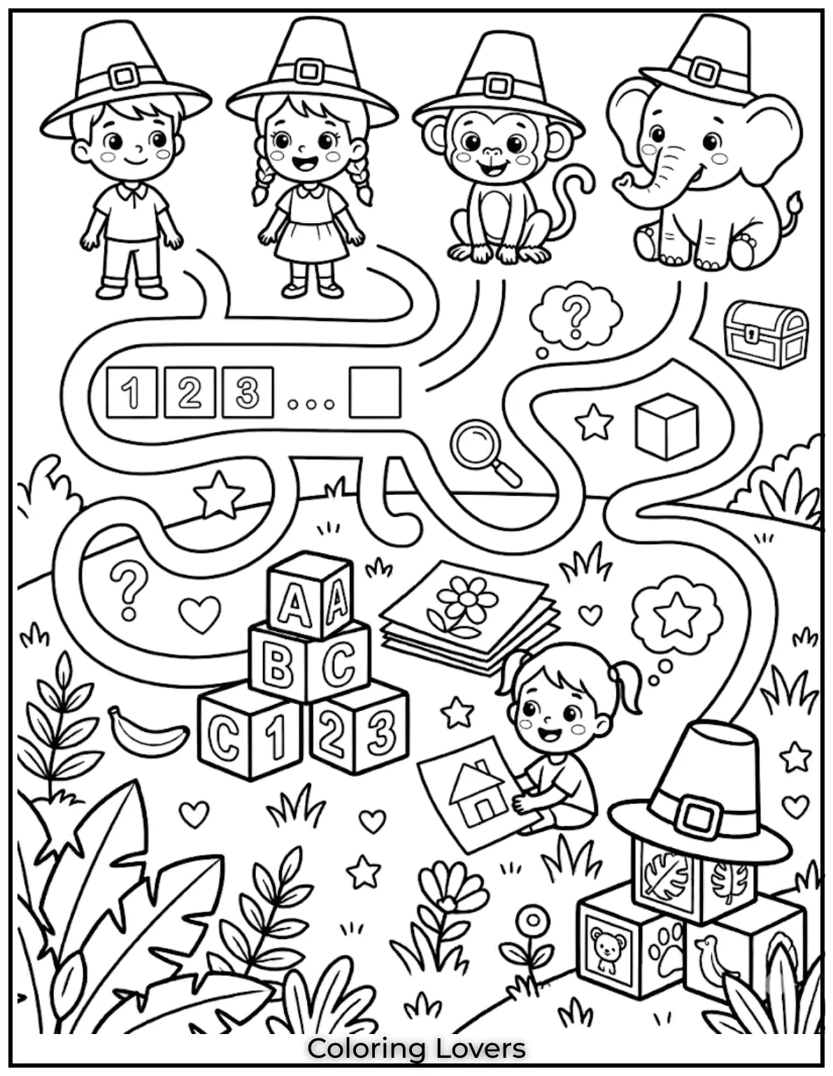 simple maze puzzle patterns creative thinking elements minimal design clean lines coloring activity page