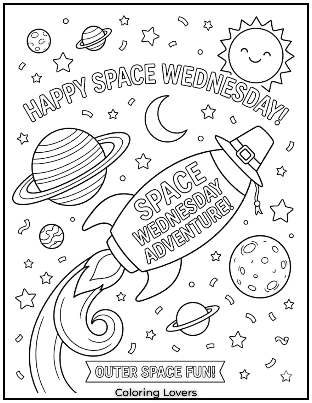 A space themed Wednesday coloring page inspires imagination with planets, stars, and exciting adventures.