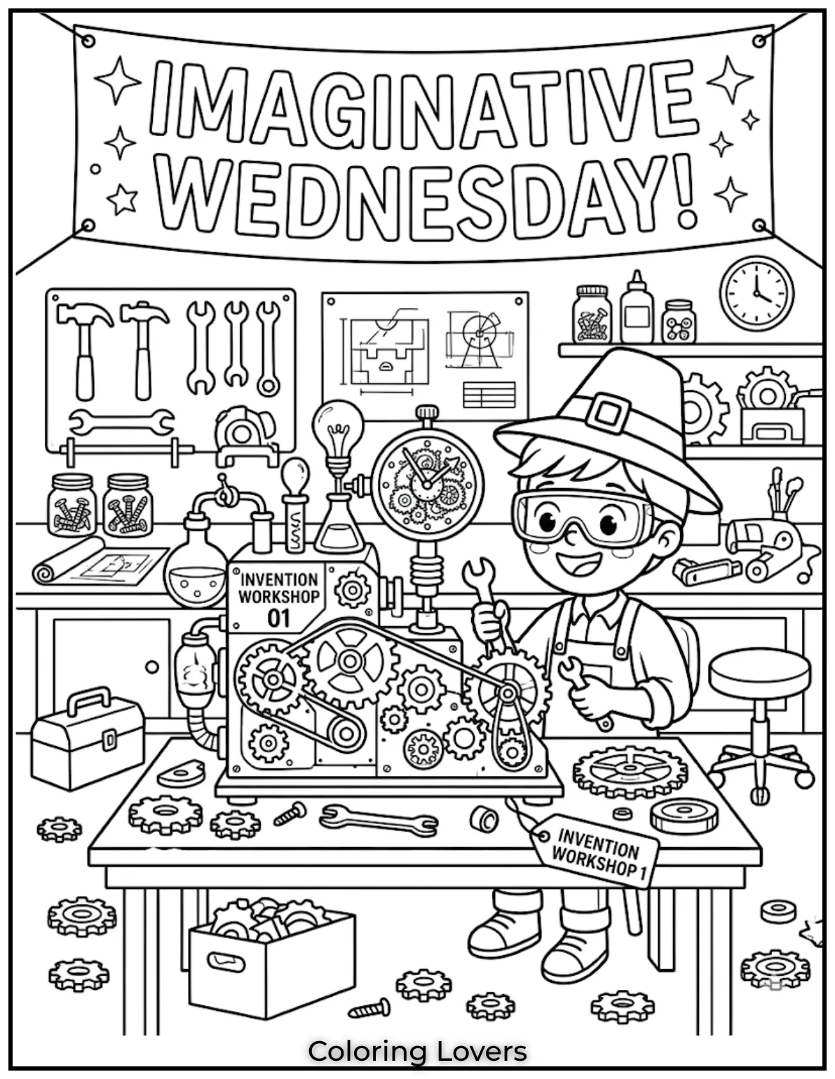 Kids explore creativity through this Wednesday coloring page focused on building and imagining new inventions.