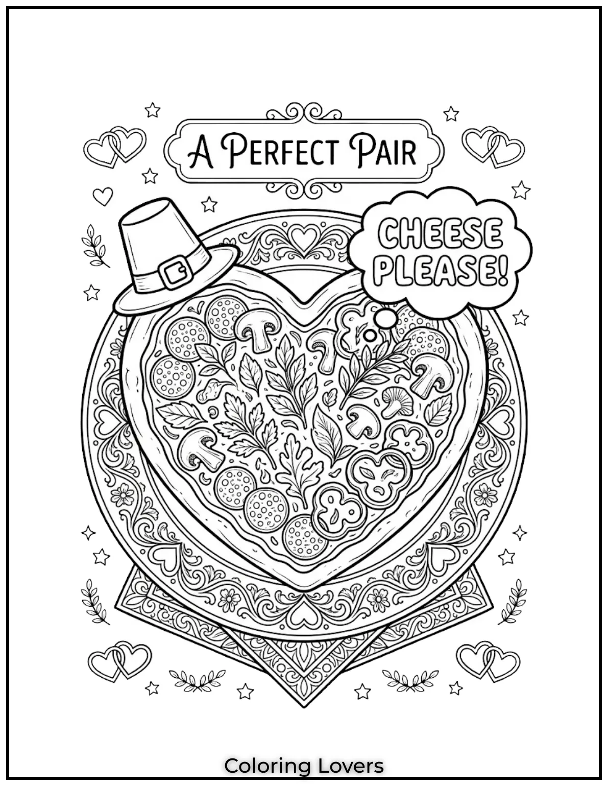 This heart-shaped pizza shows love for food while offering a creative and slightly detailed coloring experience.