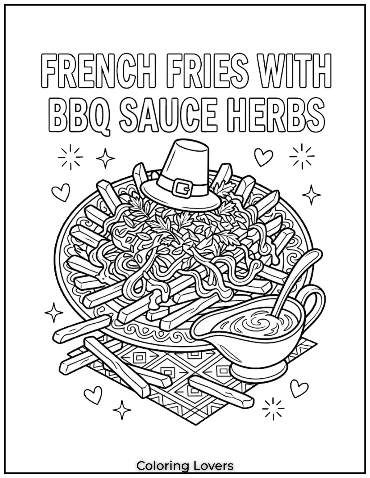French fries coloring pages show barbecue sauce with herbs in detailed food illustration style.