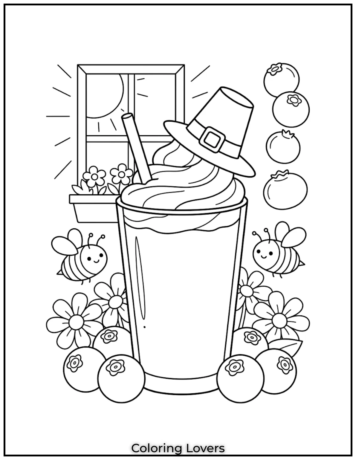 Berry Smoothie ChillBlueberry smoothie topped with cream near sunny window with flowers bees and cozy vibes scene