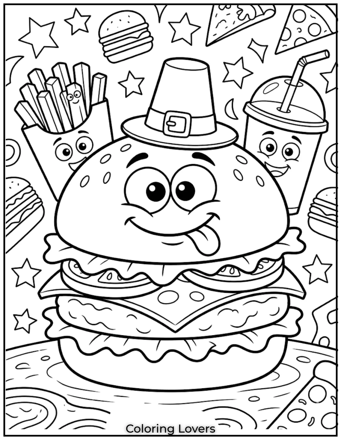 A cartoon burger poster inspired design brings fun animated food world for kids coloring sheet