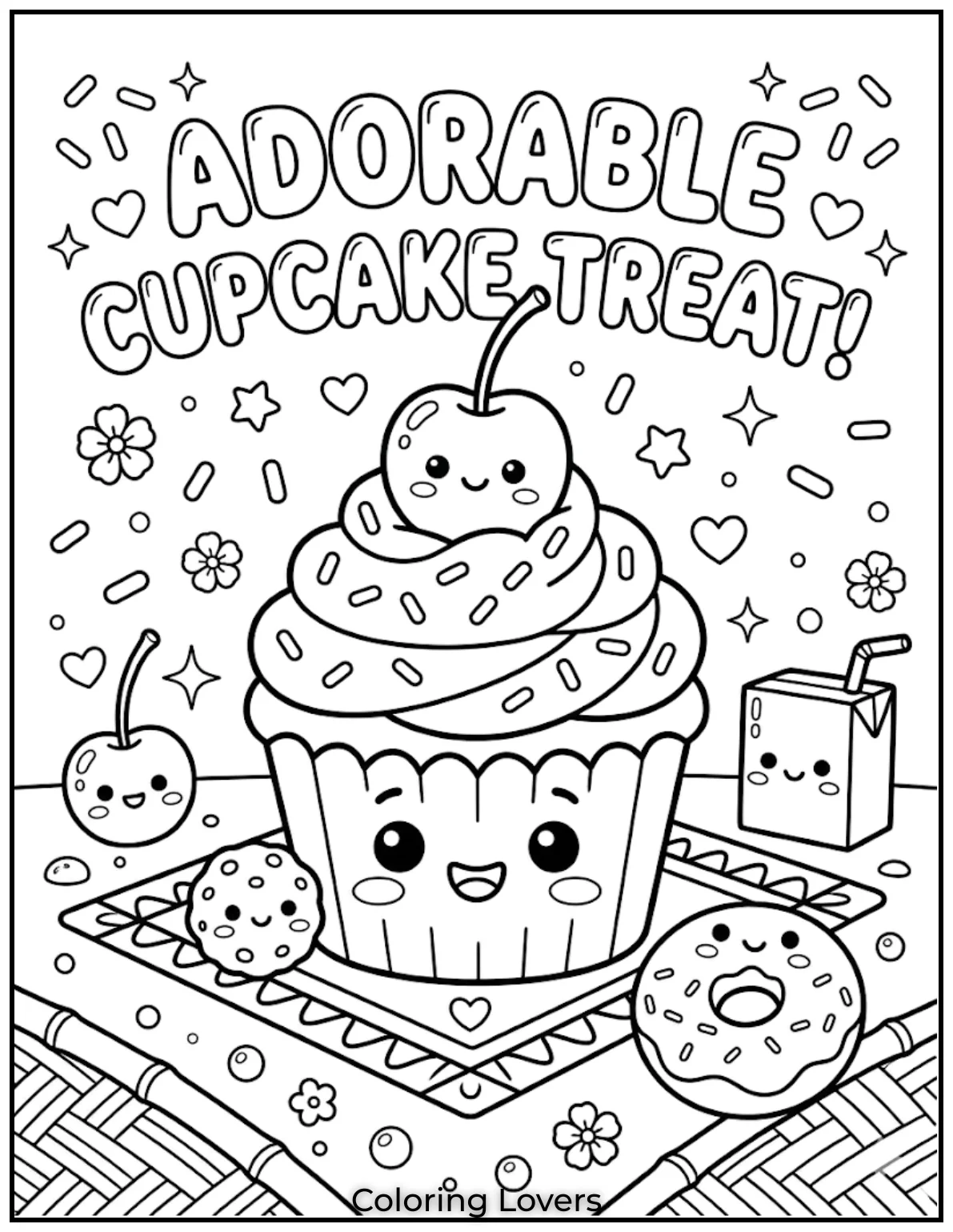 Cupcake Cherry HatSweet cupcakes wear funny cherry hats. Children love coloring sprinkles, creamy frosting, and happy smiling cupcake faces.