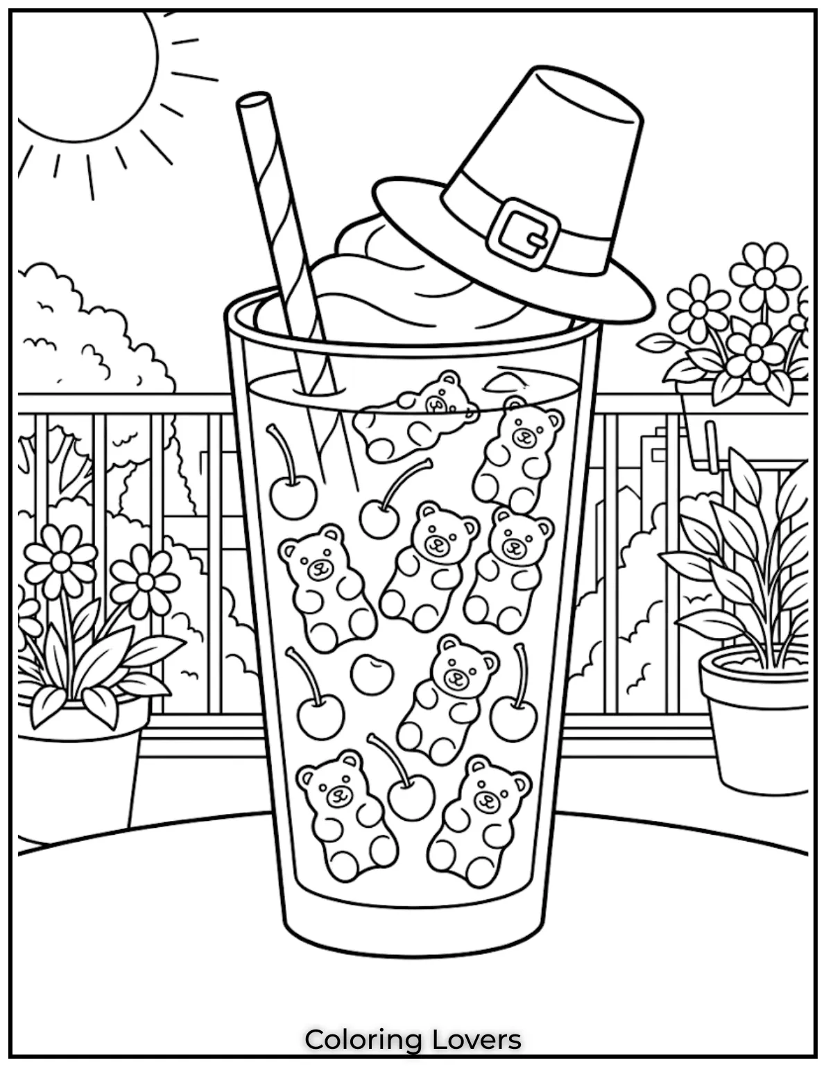 Cherry Ice TeaCherry iced tea filled with gummy bears floating inside sunny balcony creating sweet coloring fun