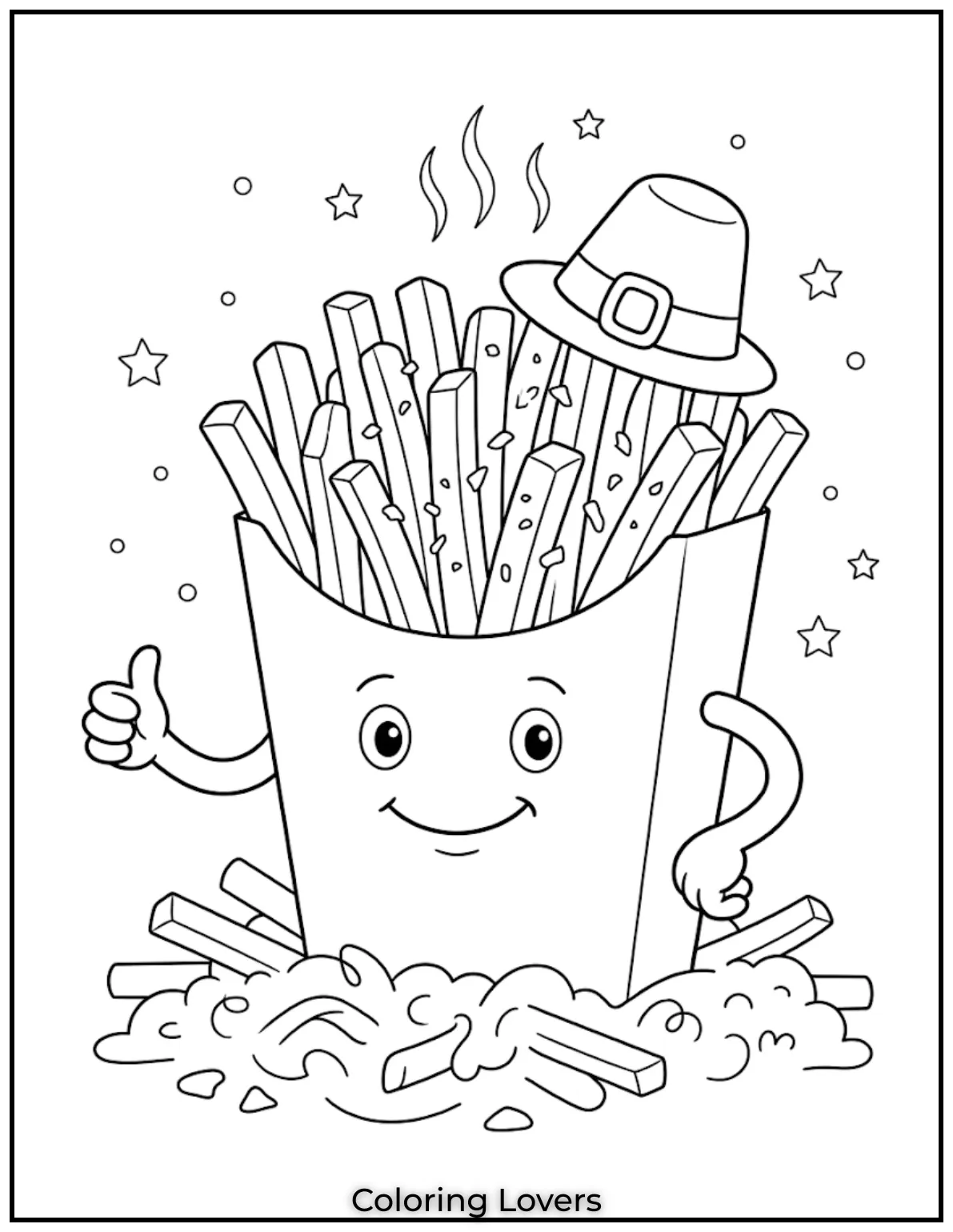 French fries coloring pages show spicy chili flakes topping in bold food outline design.
