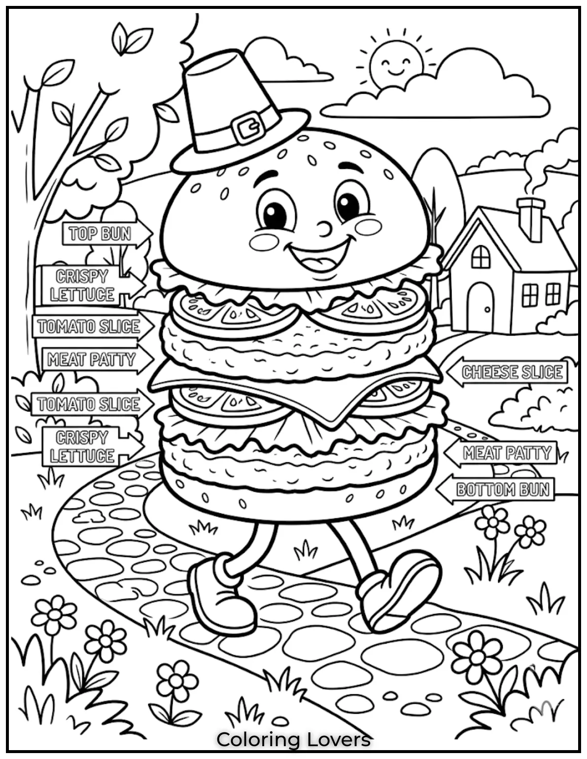 A burger showing all ingredients clearly helps kids learn while enjoying coloring activity fun sheet