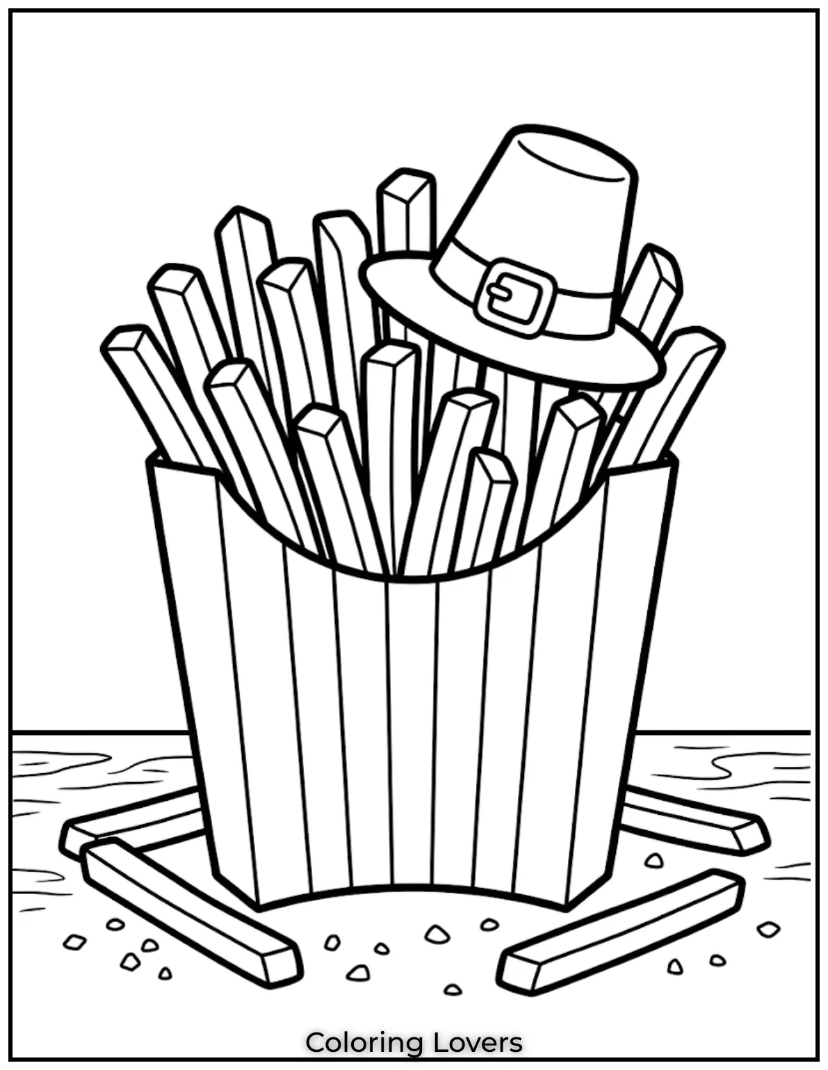 French fries coloring pages show straight cut fries in simple bold outline food style.