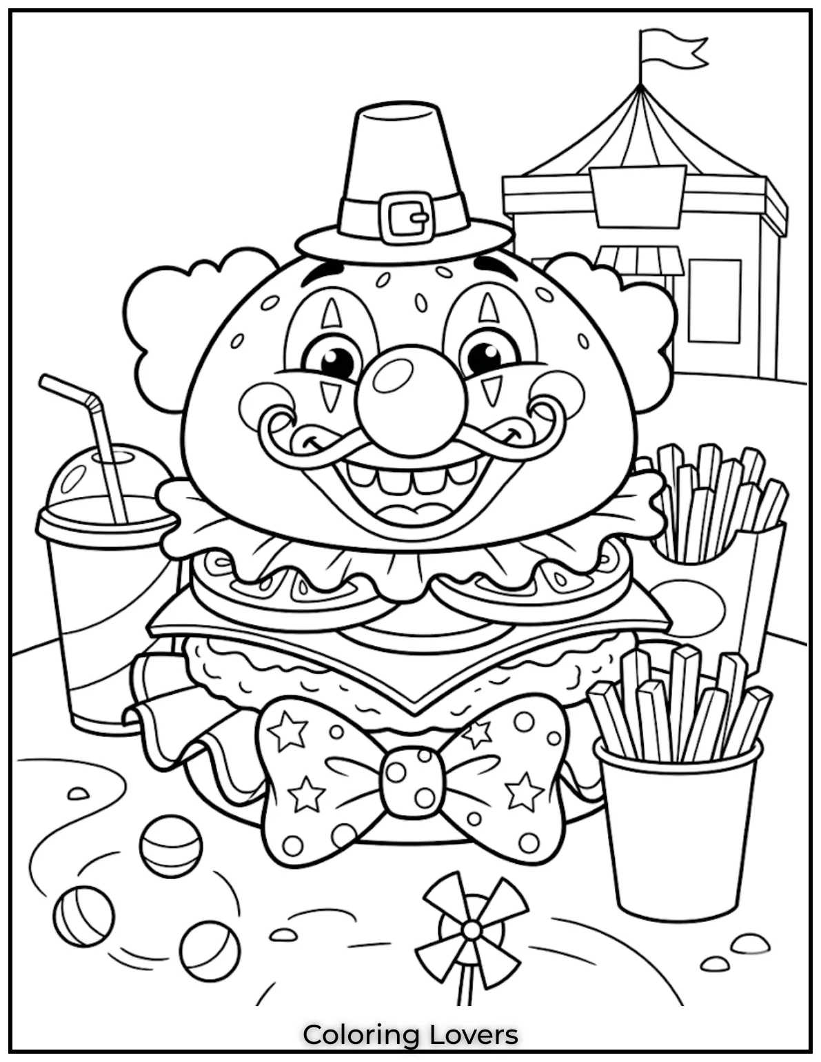 A funny clown style burger world makes kids laugh while coloring silly food characters page