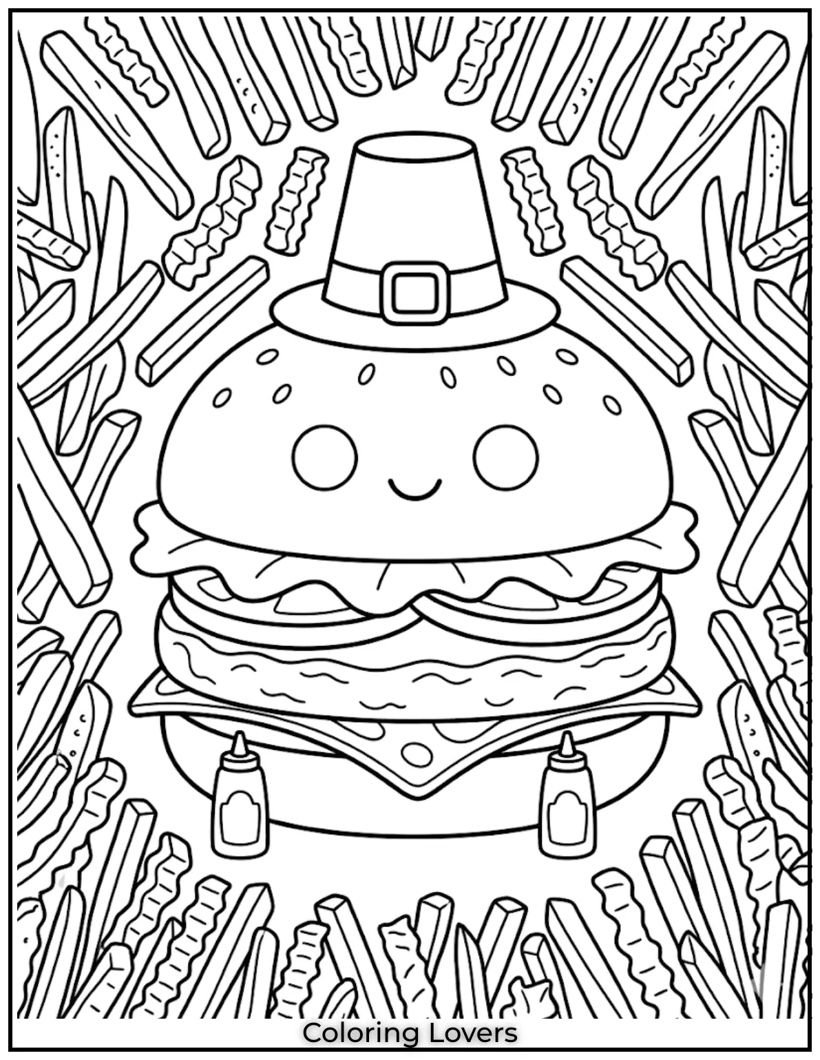 A simple burger placed with fries around it gives kids easy fun coloring activity sheet.