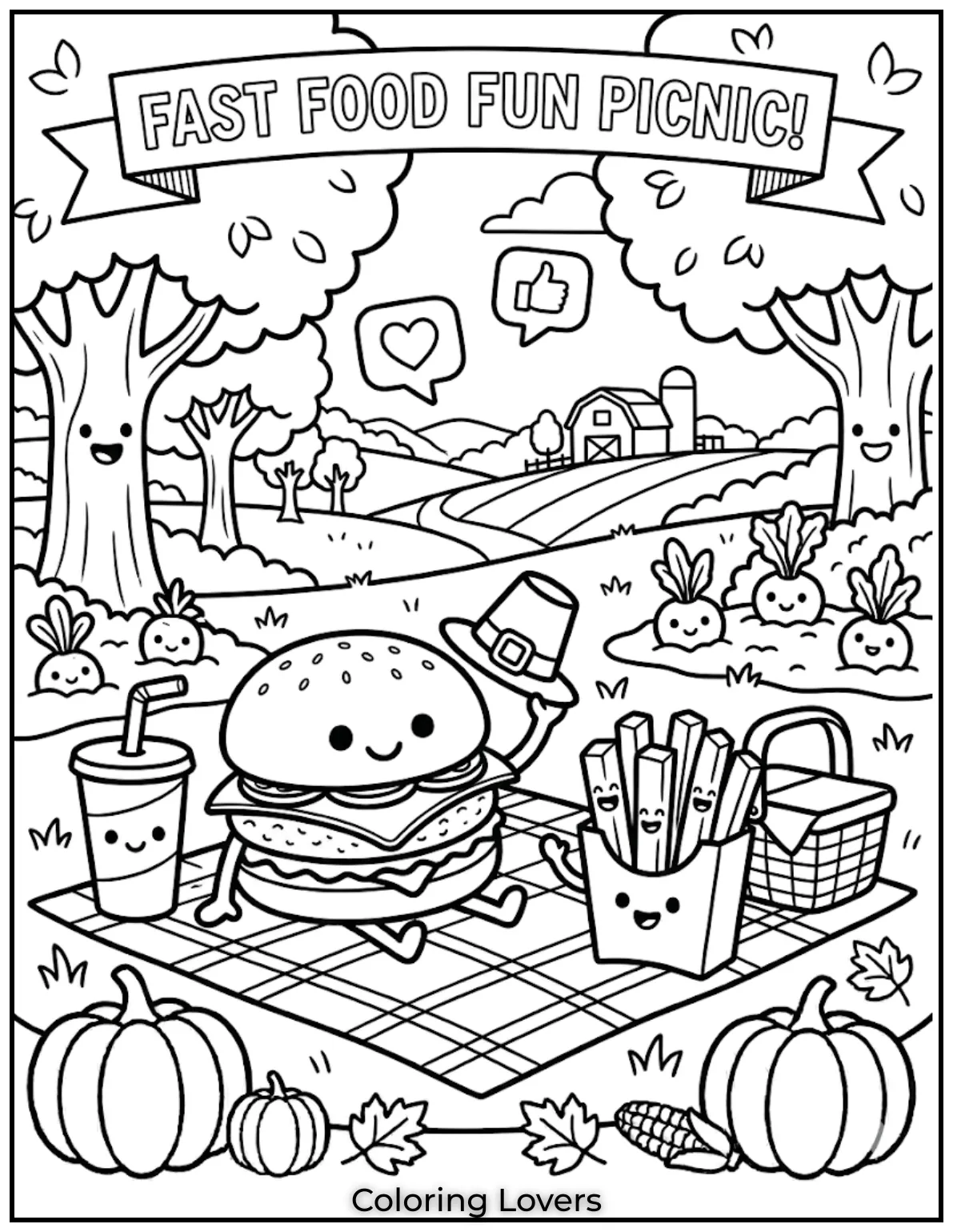 Fast food coloring pages show picnic with burger fries and soda in outdoor fun scene.