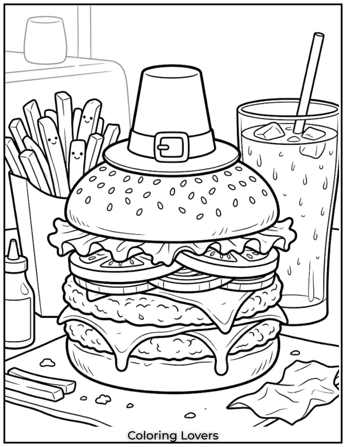 A realistic burger meal includes fries and cola creating tasty coloring fun for kids time