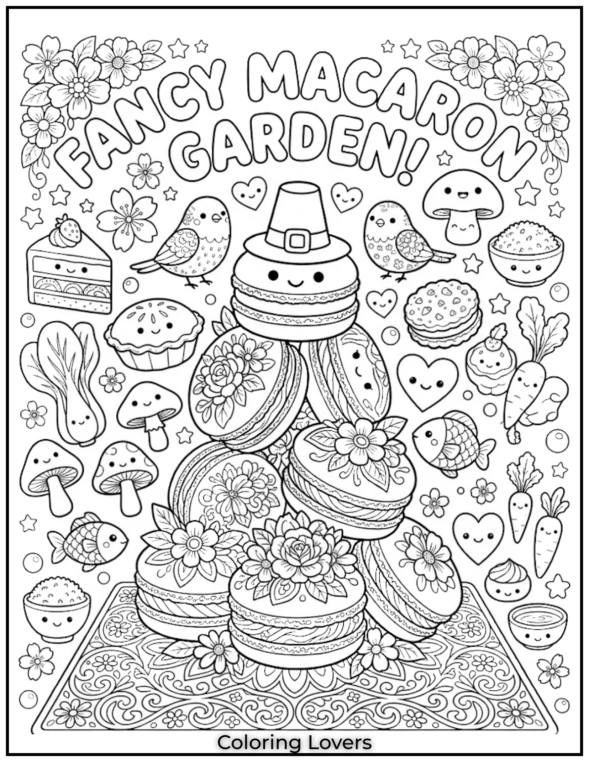 Floral Macaron BeautyFancy macarons feature lovely floral decorations. Adults enjoy detailed kawaii dessert coloring pages during peaceful relaxing evenings.